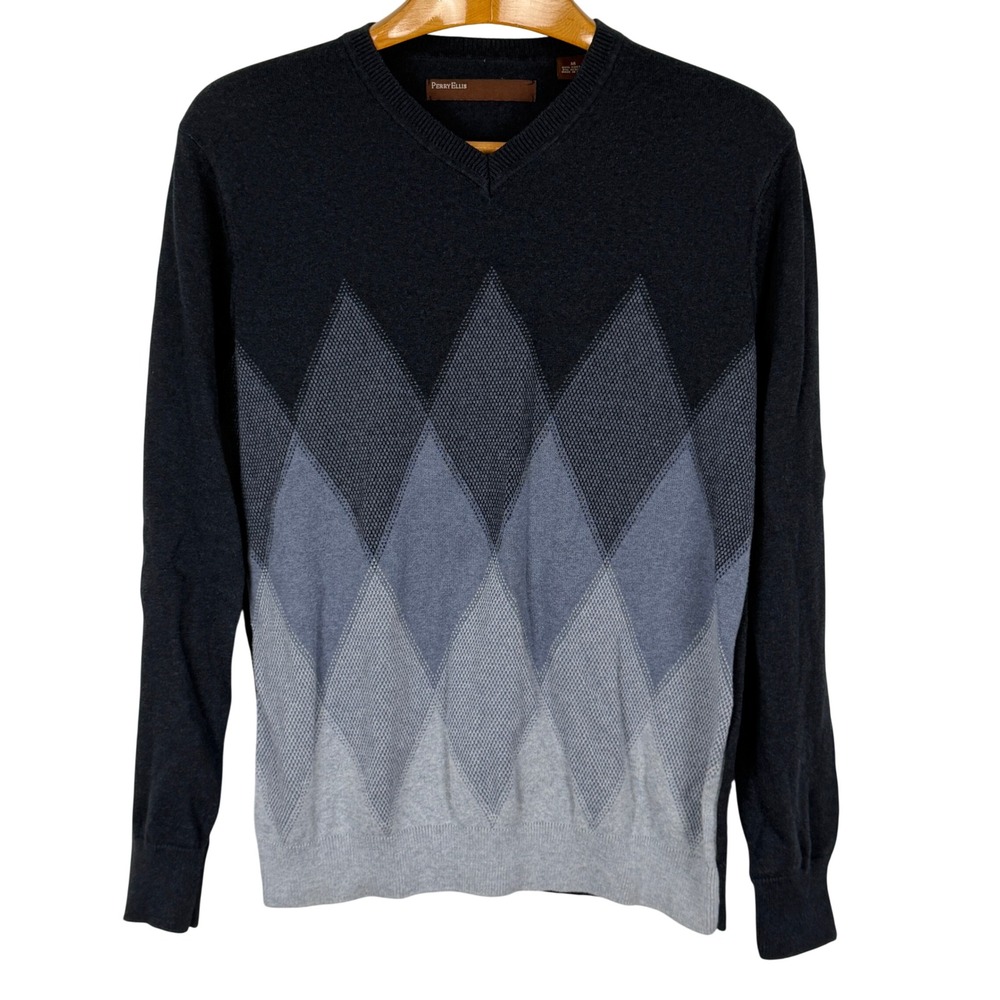 Perry Ellis Sweater Argyle V-Neck Medium Blue Charcoal Cotton Blend